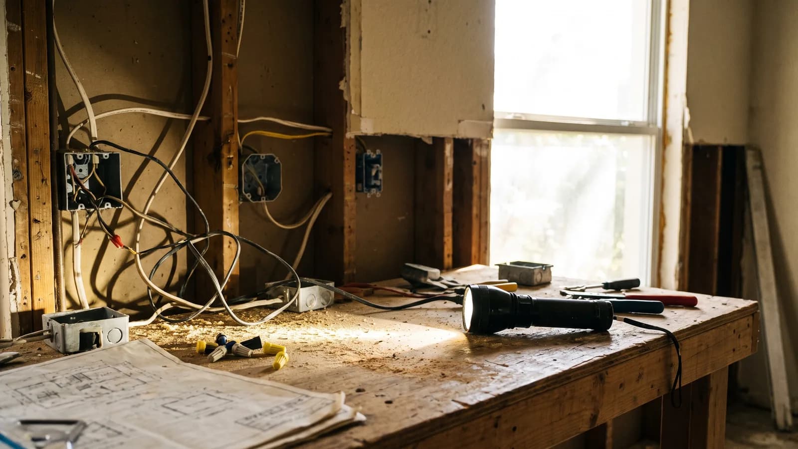 A building inspector examining electrical rough-in at an open wall in a Florida home renovation under bright natural light.