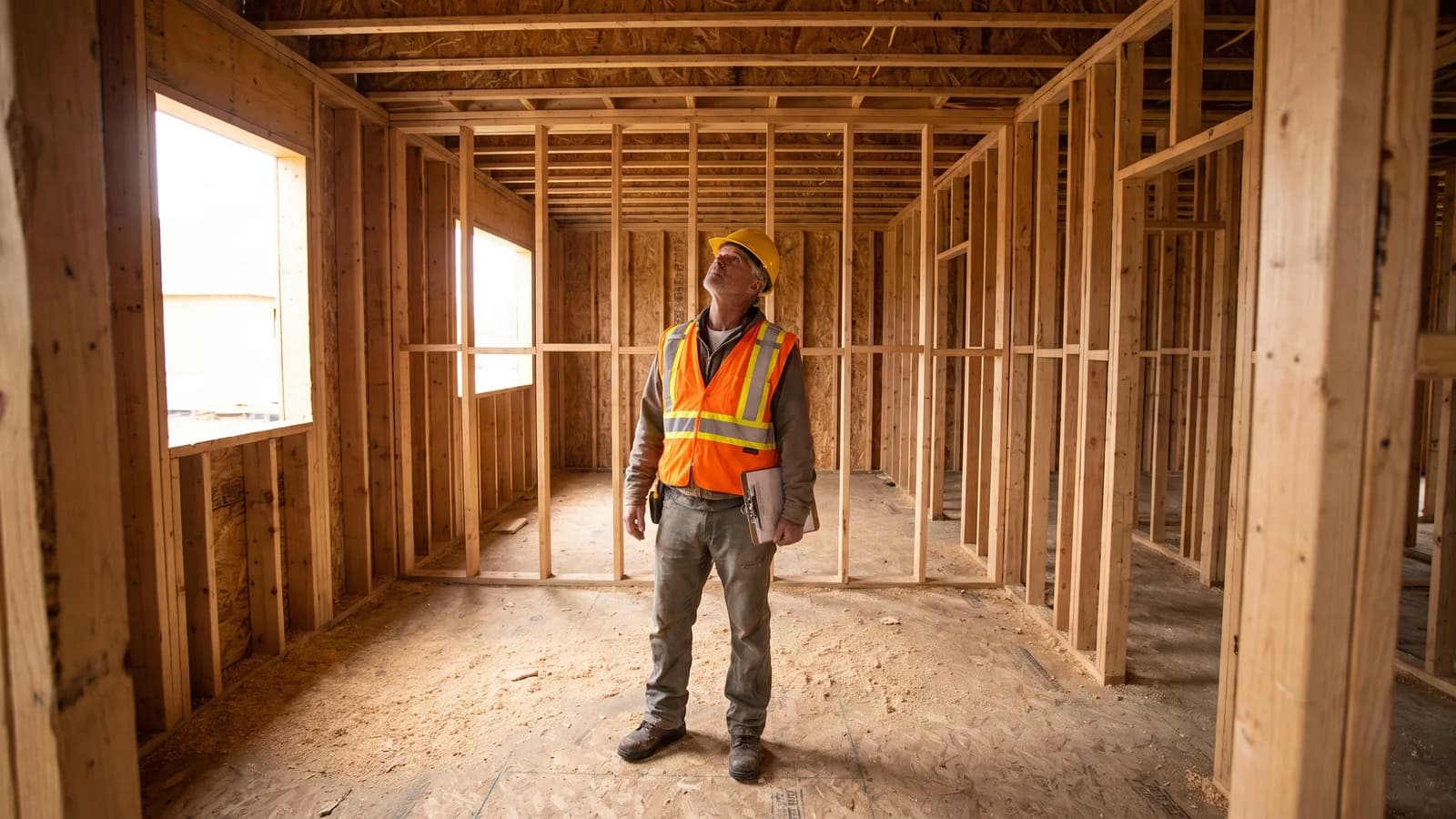 A building inspector in a hard hat examining framing inside a house under construction