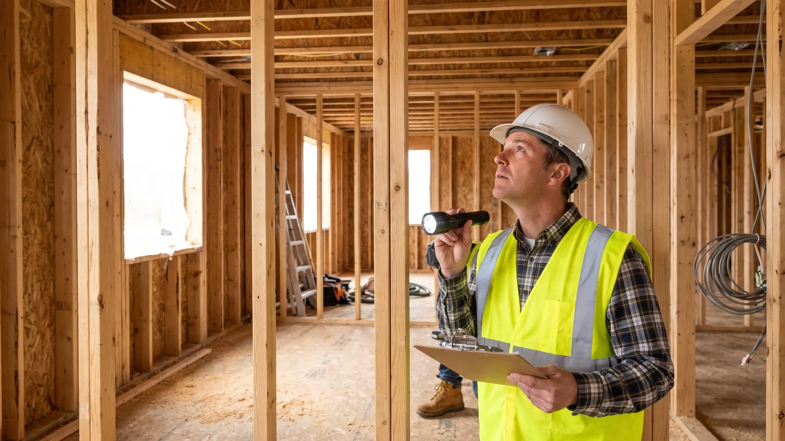 A building inspector examining framing inside a North Carolina house under construction