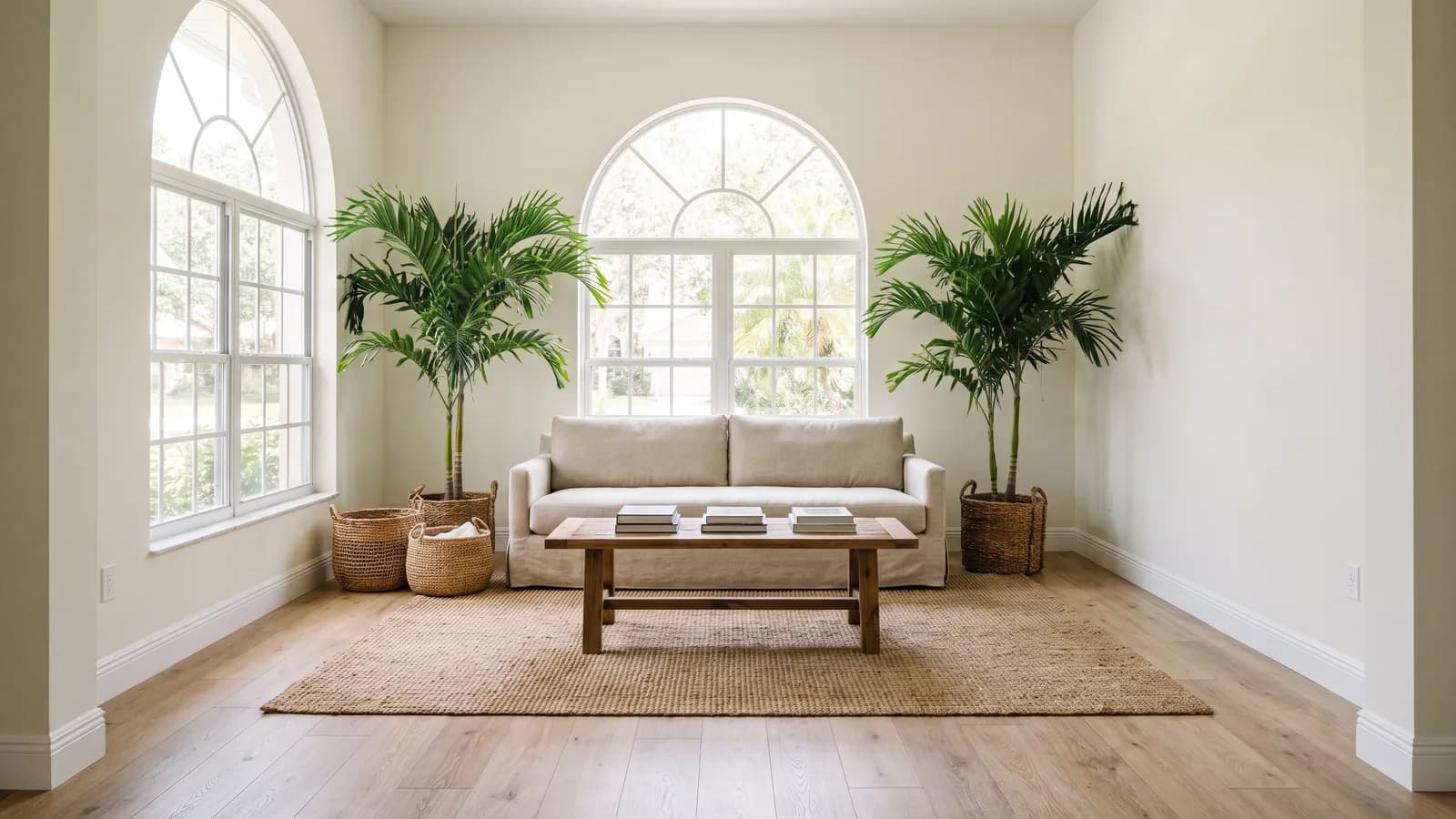 A freshly painted and updated interior room in a Florida home with new trim and finishes in warm daylight.
