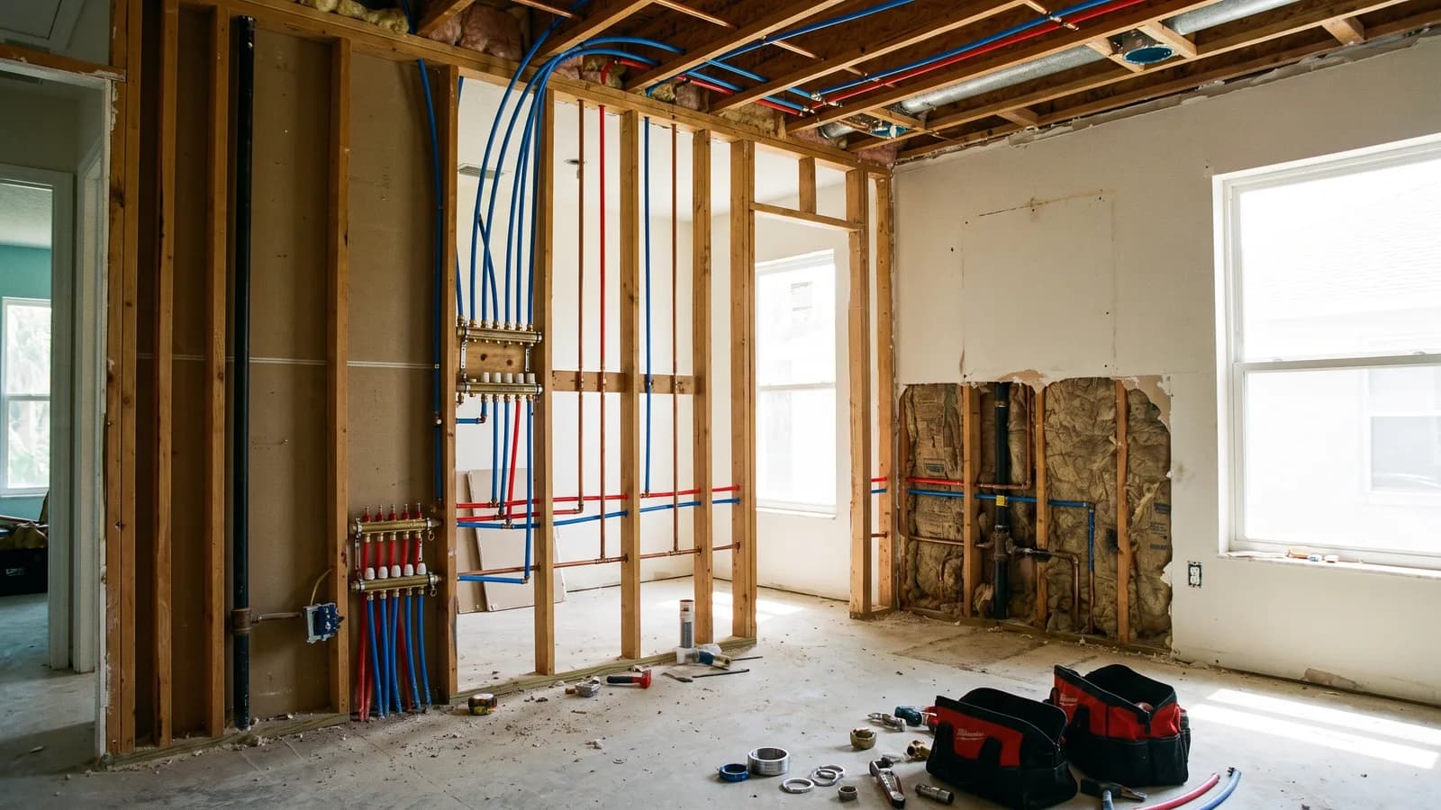New copper and PEX water supply lines run through open wall framing during a whole-house repipe in a Florida home.