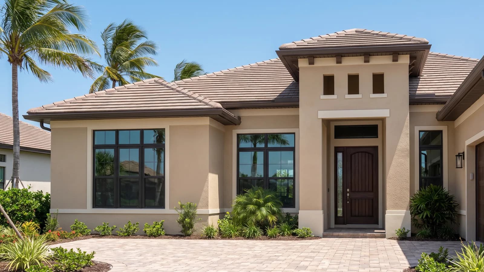 Impact-rated windows and a reinforced entry door on a Florida home under bright coastal daylight.