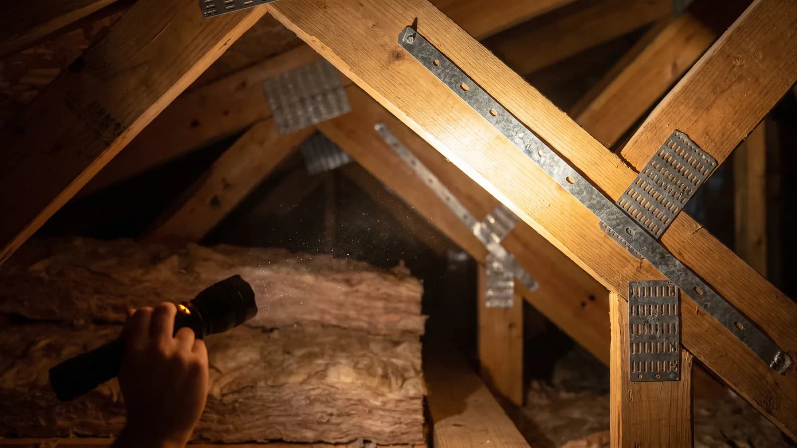 An inspector examining roof-to-wall connections in a Florida attic with a flashlight in soft light.