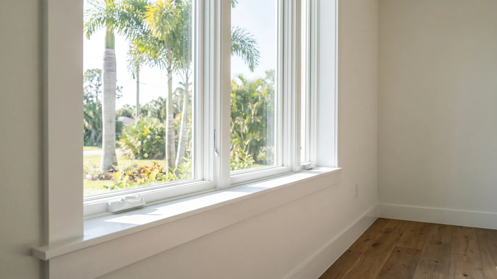 A contractor-installed new window in a Florida home with clean trim, viewed from inside in bright daylight.