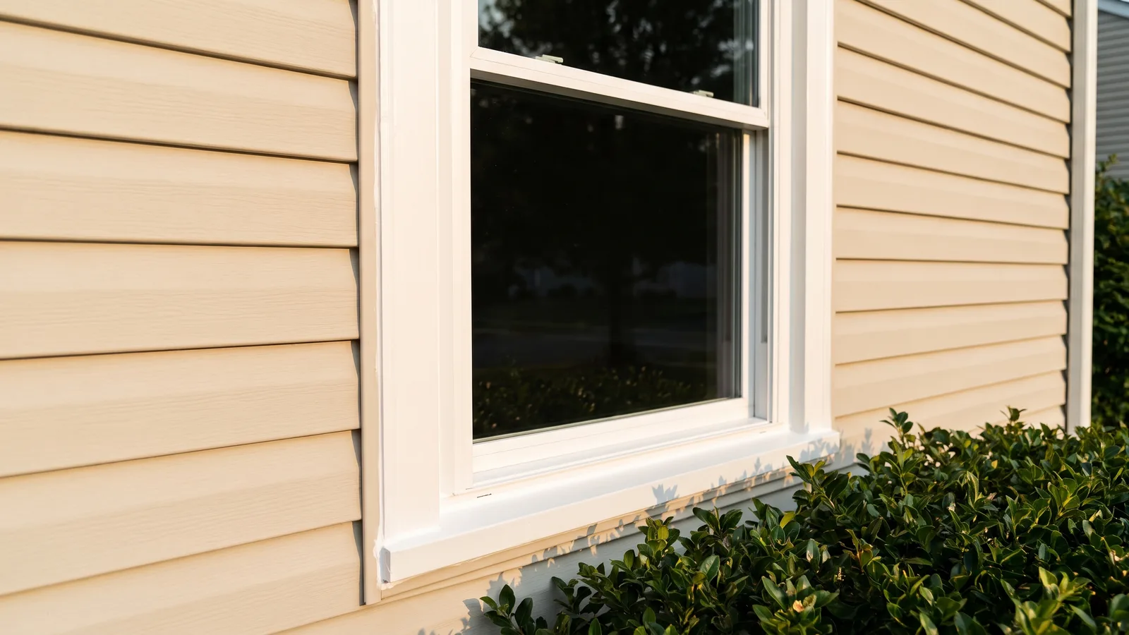 A newly installed double hung window in the exterior wall of a home