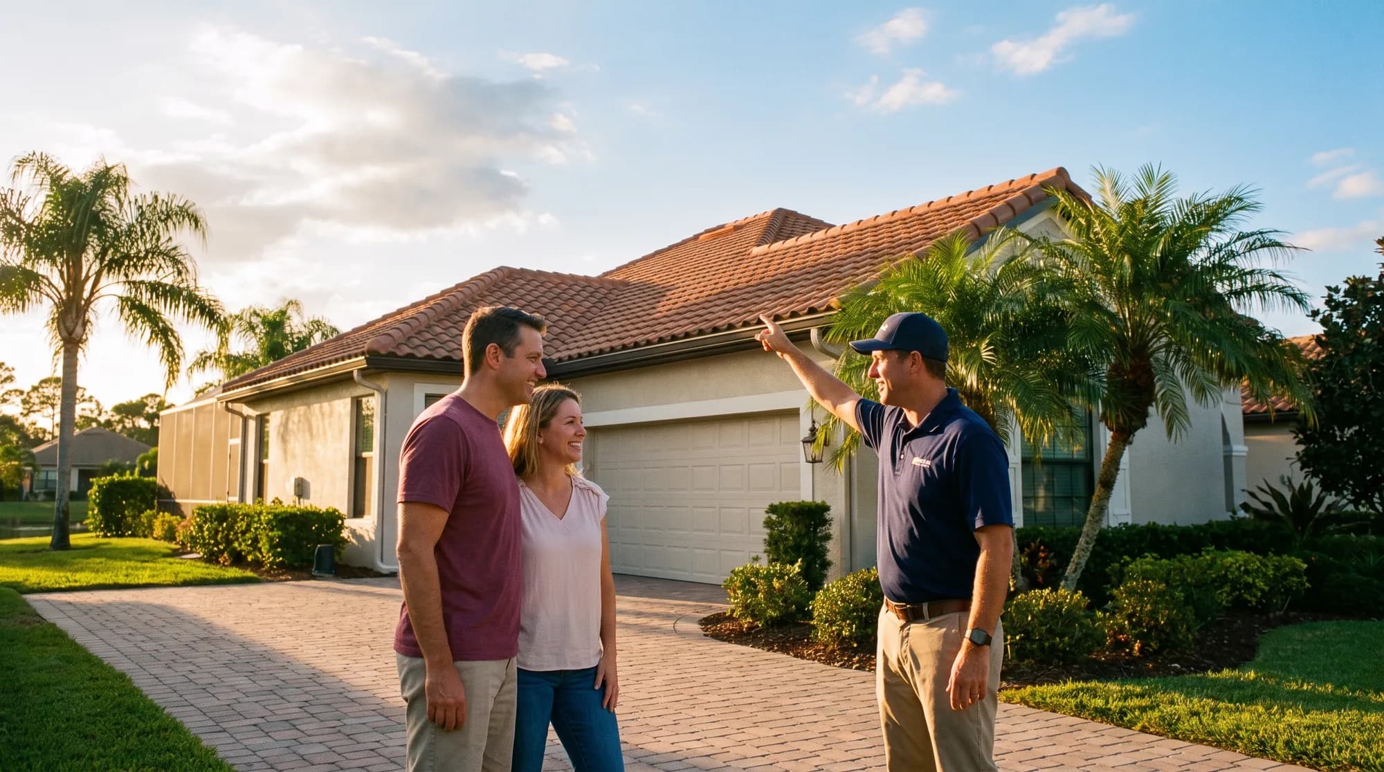 A contractor talking through a roof project with homeowners outside their Central Florida home