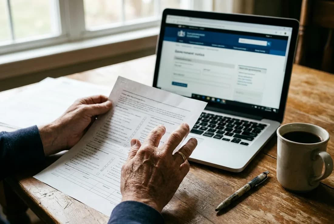 A person comparing a printed permit checklist against an official building-department website