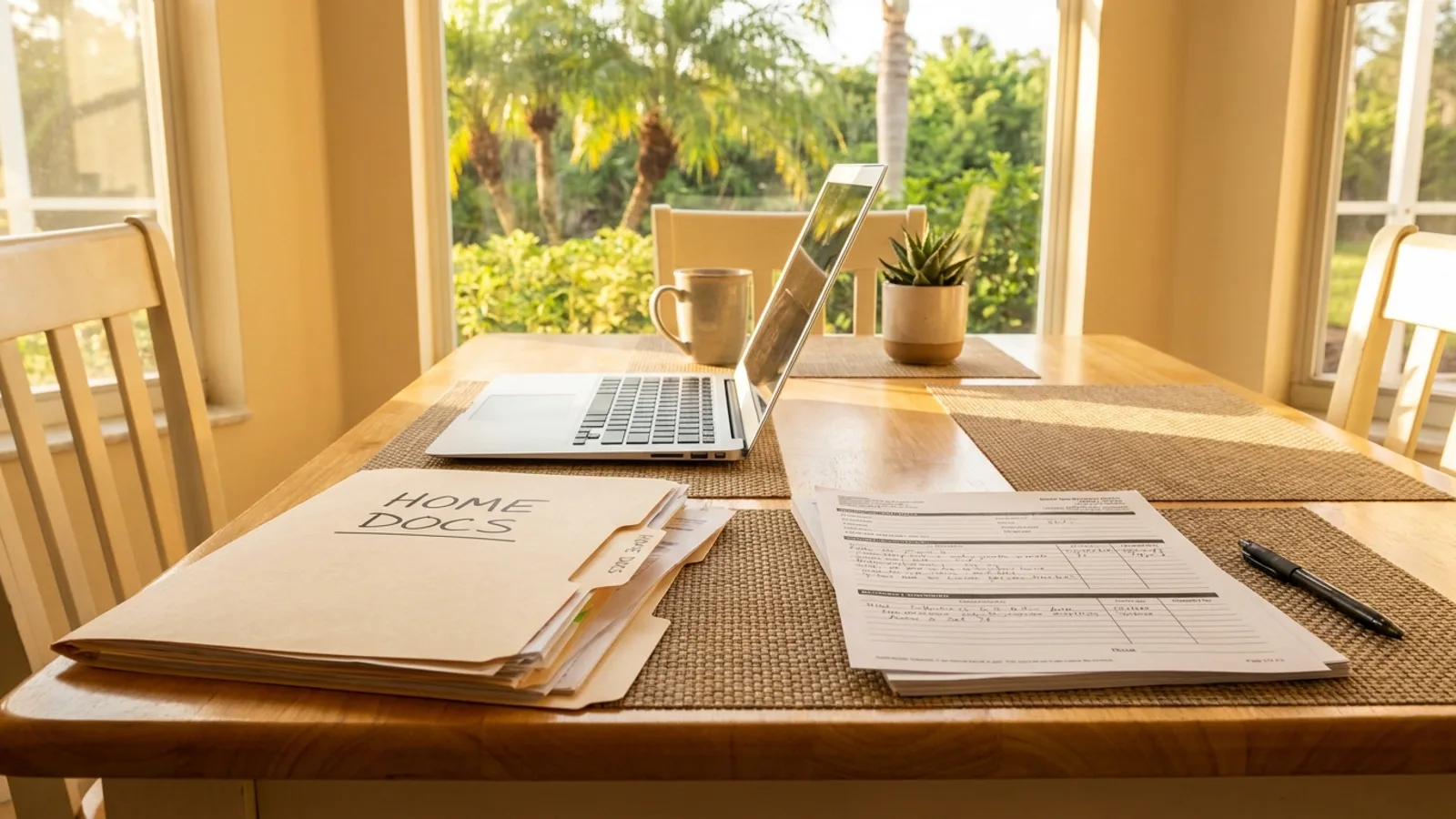 A homeowner organizing project documents and a laptop at a kitchen table