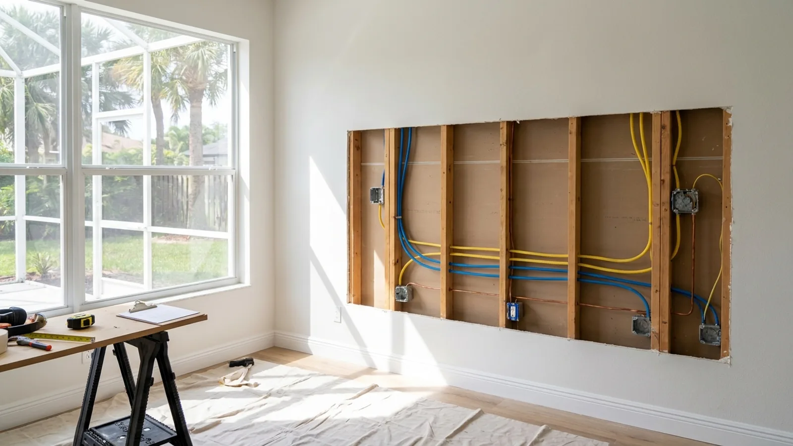 A partially opened interior wall section revealing framing and wiring for an inspection
