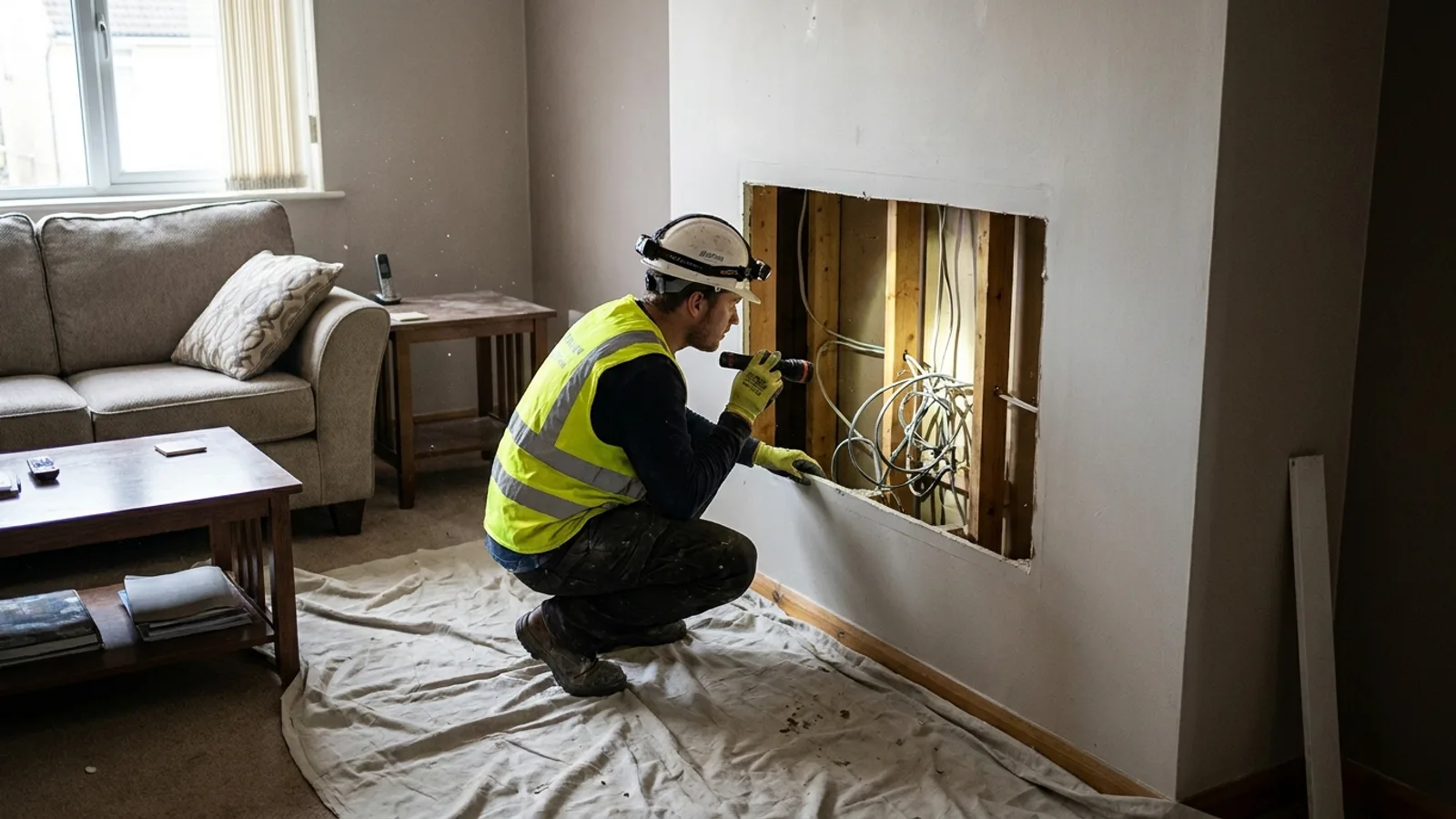 A section of drywall cut open to expose framing and wiring behind it