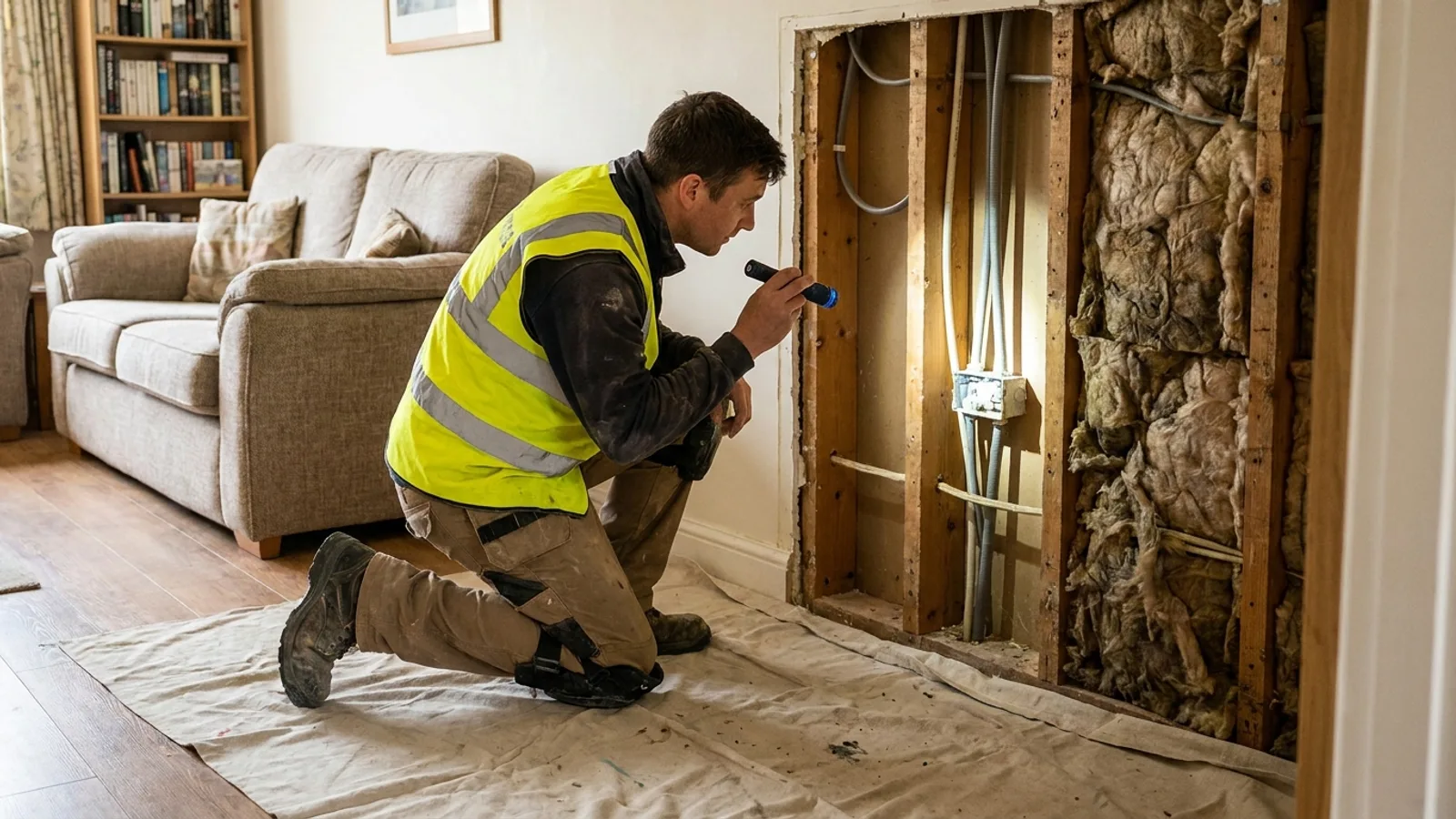 A person examining framing and wiring inside a reopened wall cavity