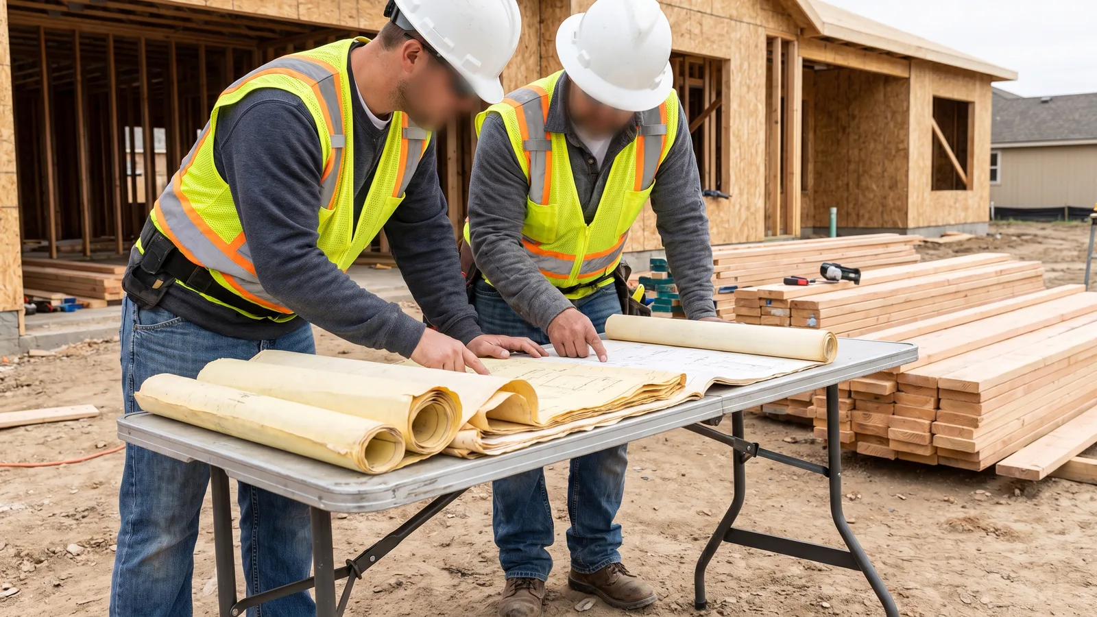 A homeowner and a contractor reviewing plans on a table at the start of a Georgia home project