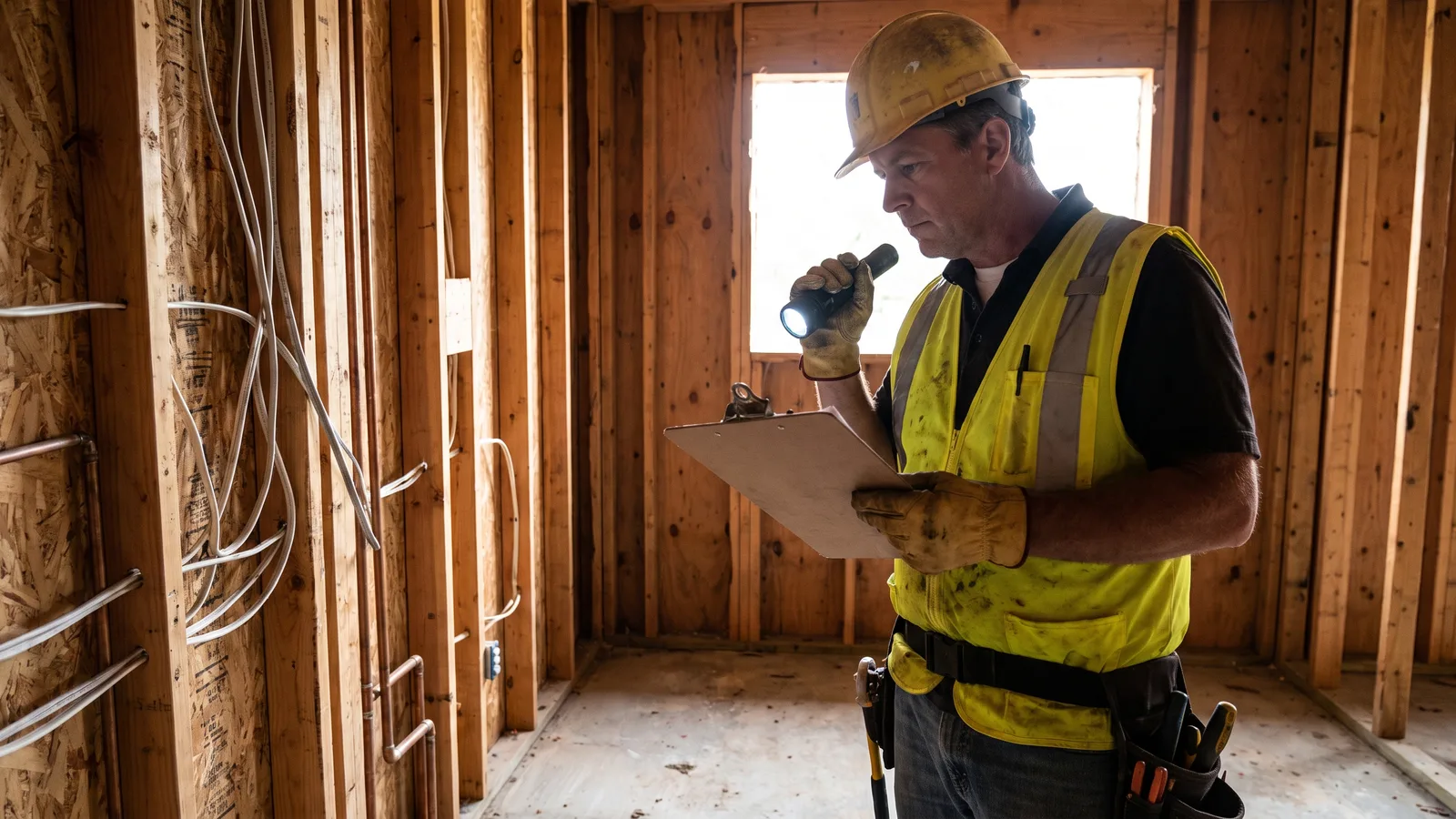 A building inspector examining framing and mechanical rough-in inside an unfinished room