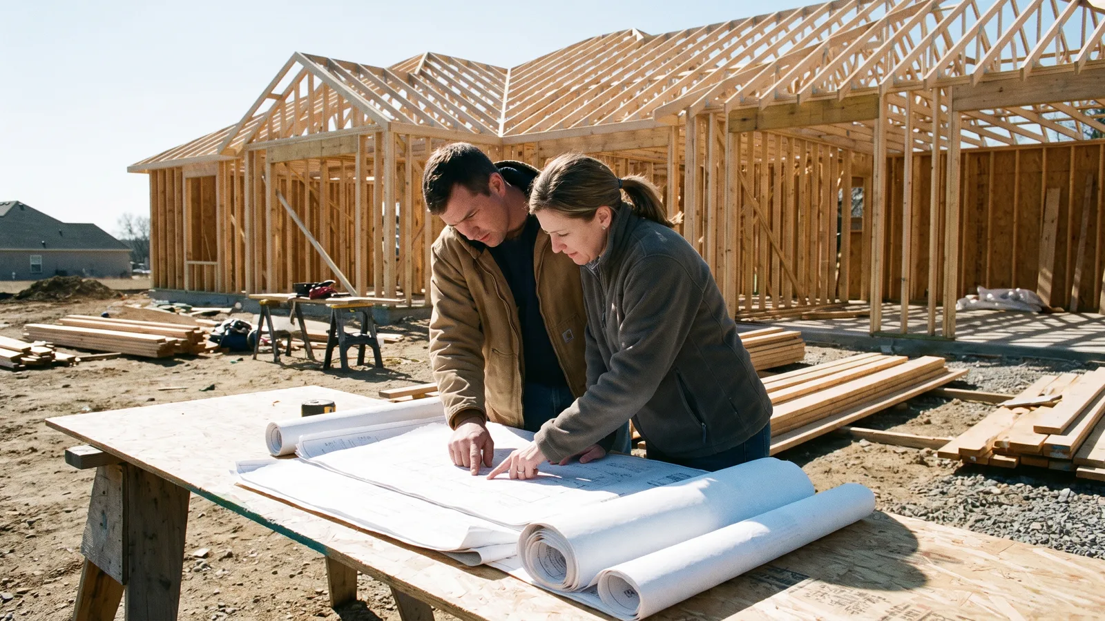 A homeowner and contractor reviewing approved plans at a North Carolina job site