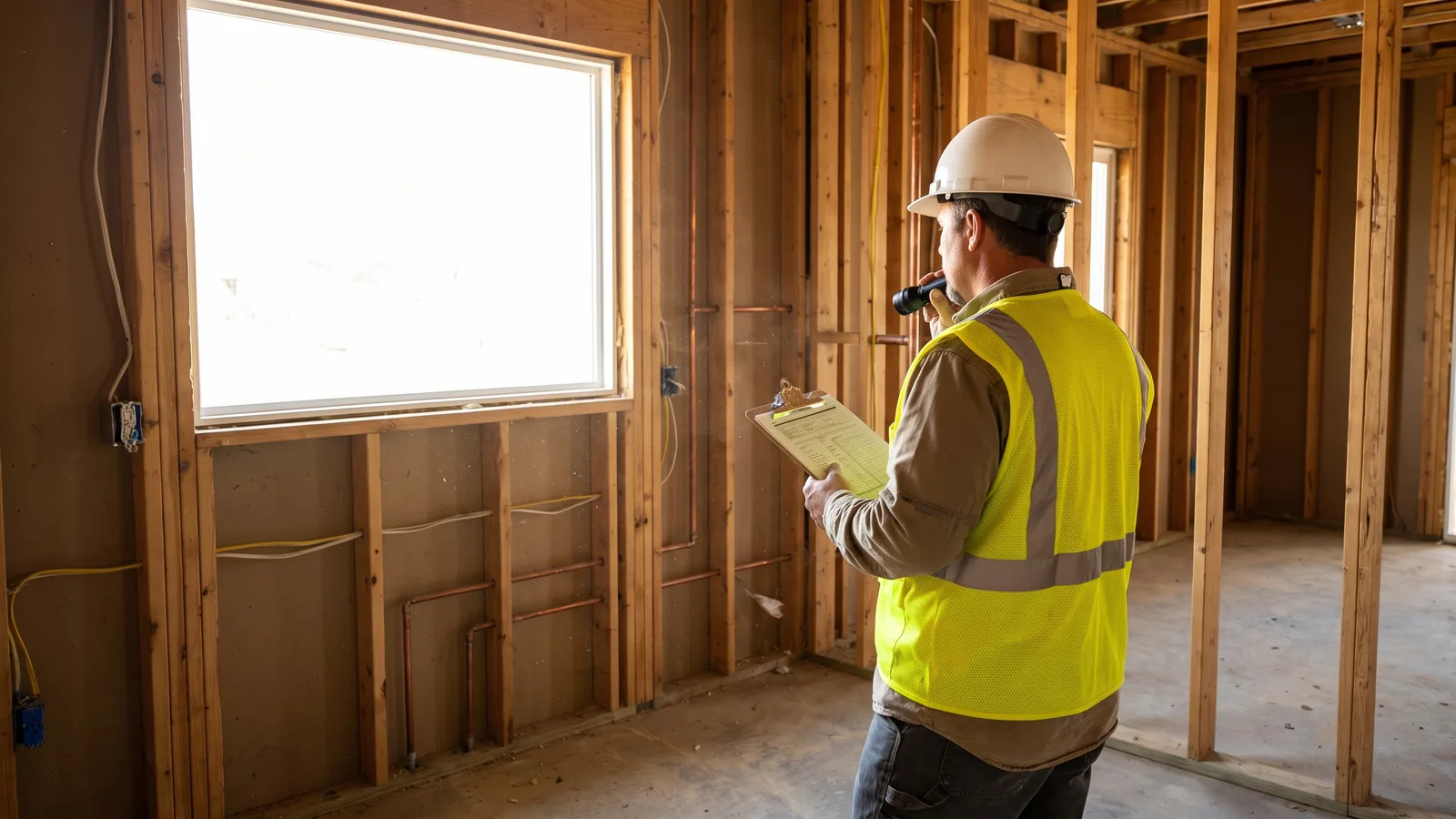 A building inspector checking framing and rough-in work during construction