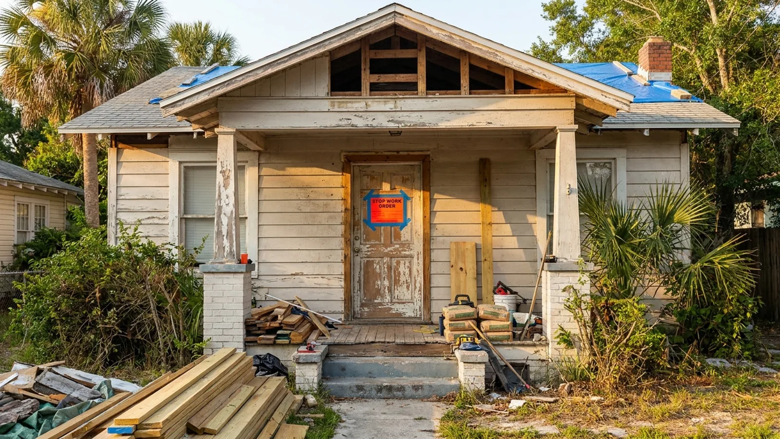 A stop-work order notice posted on the exterior door of a Florida home under renovation, warm daylight
