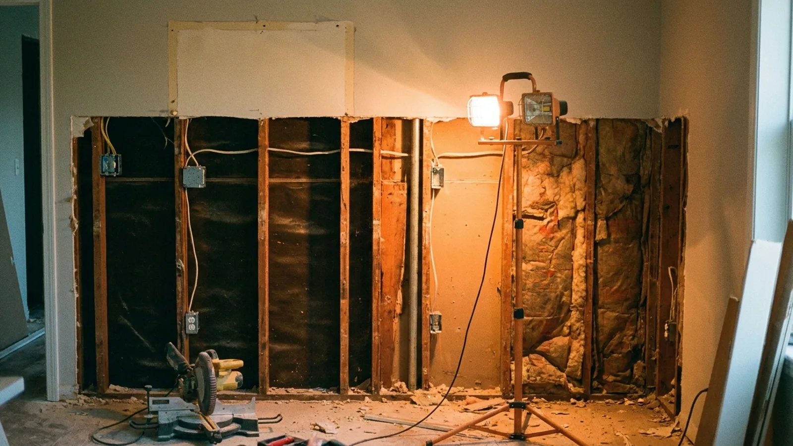 Open drywall exposing electrical wiring and framing so an inspector can verify hidden work in a Florida home, warm work light