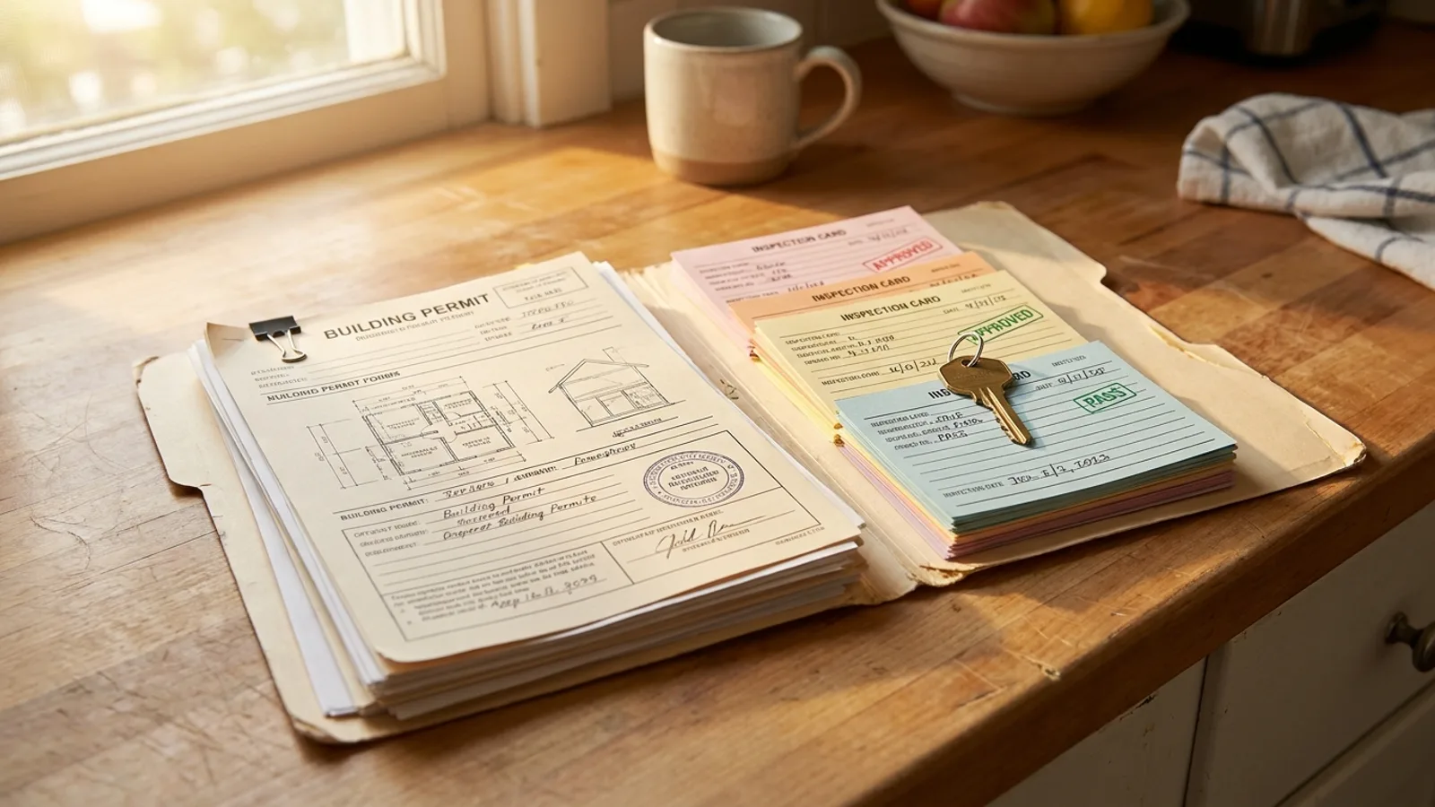 A neatly organized folder of Florida building permit documents, inspection cards, and a house key on a kitchen counter in warm light