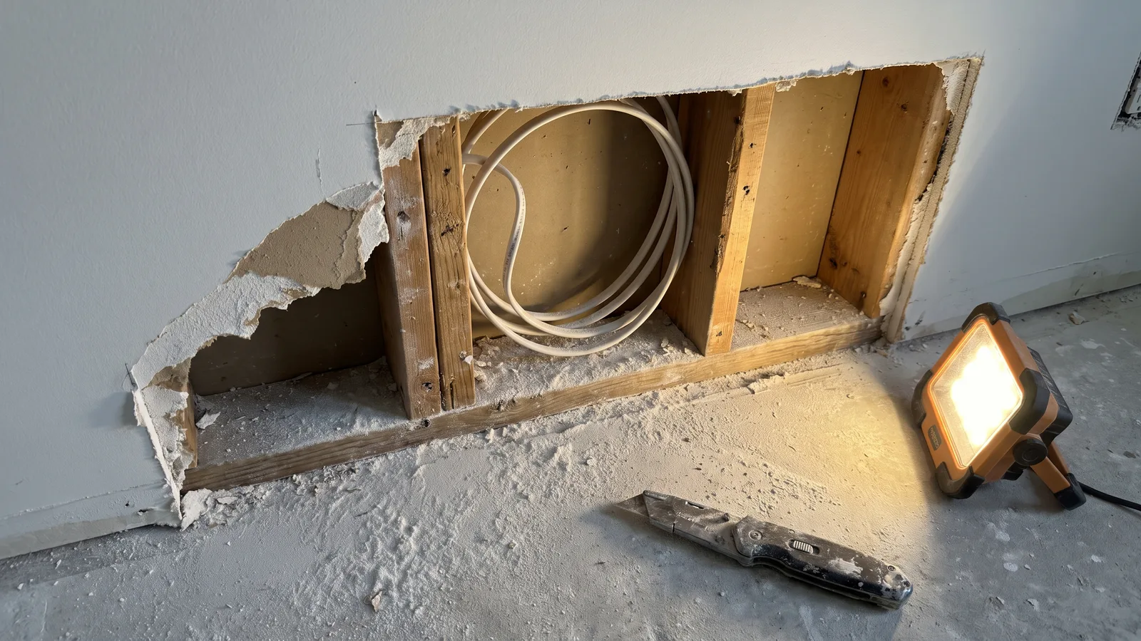 An unfinished home addition with framing exposed and no permit posted