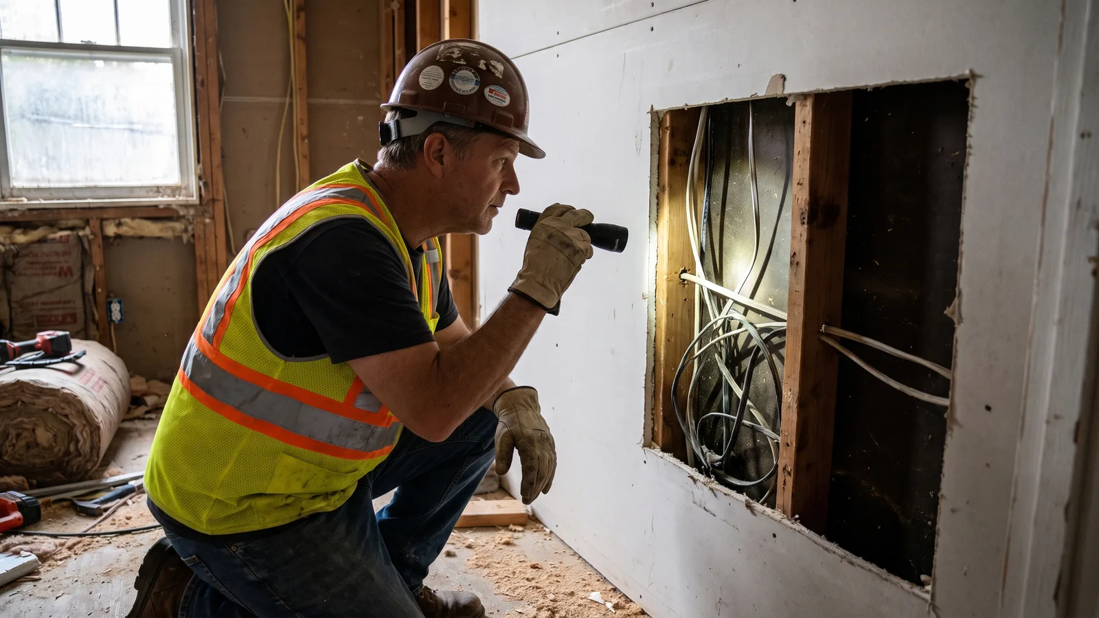A building inspector examining previously closed-up framing that has been reopened for inspection