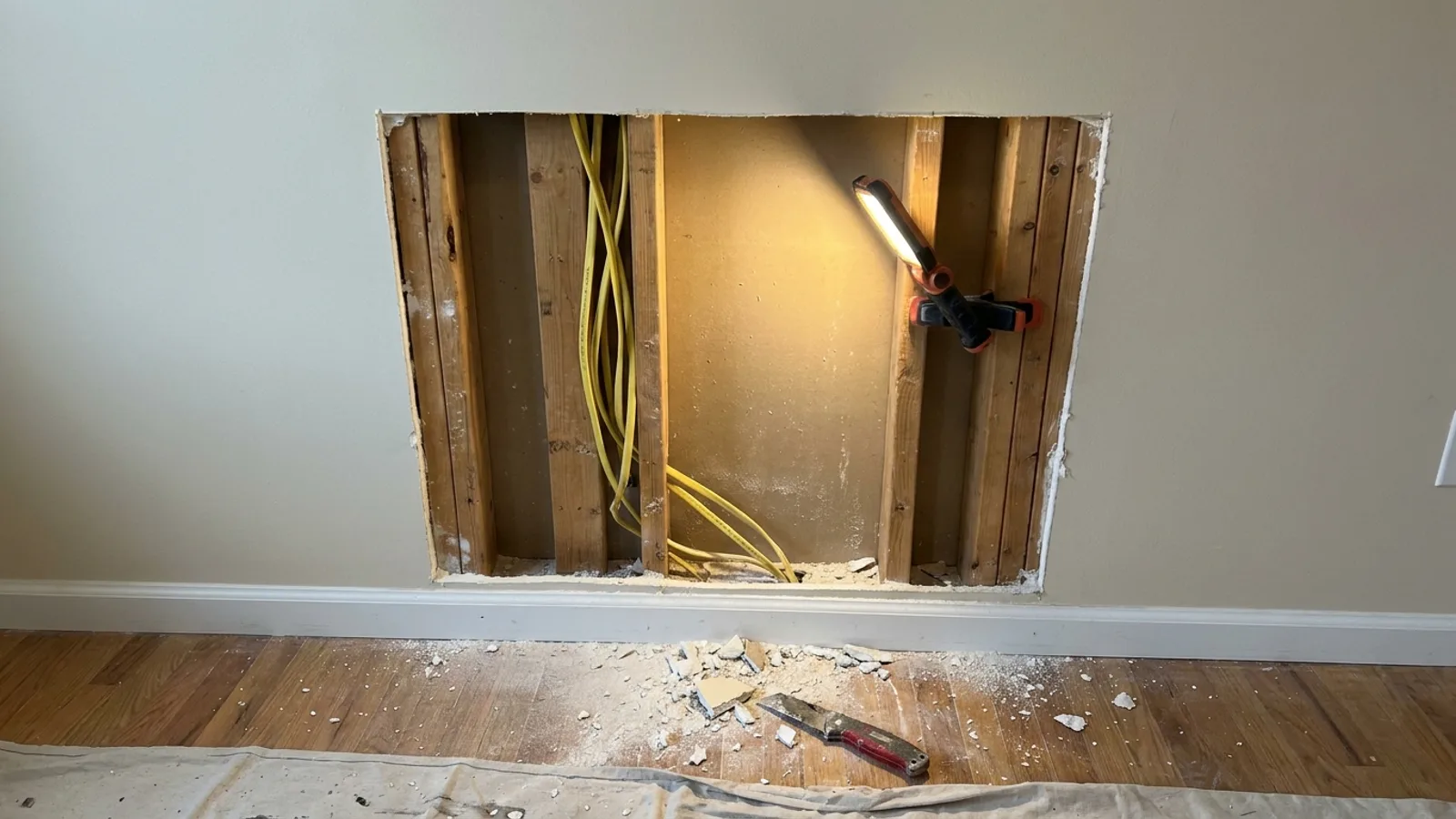 An unfinished home addition with framing exposed and no permit posted