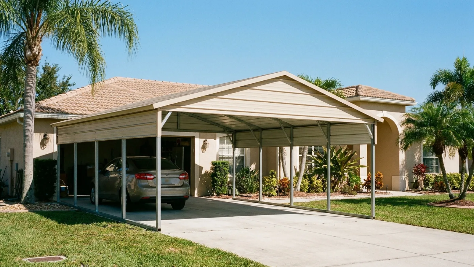 A metal carport with a gabled roof beside a single-family Florida home