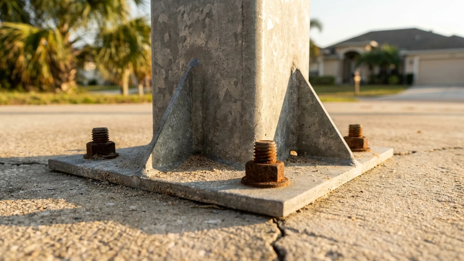 Anchored post footings supporting a metal carport frame on a Florida driveway