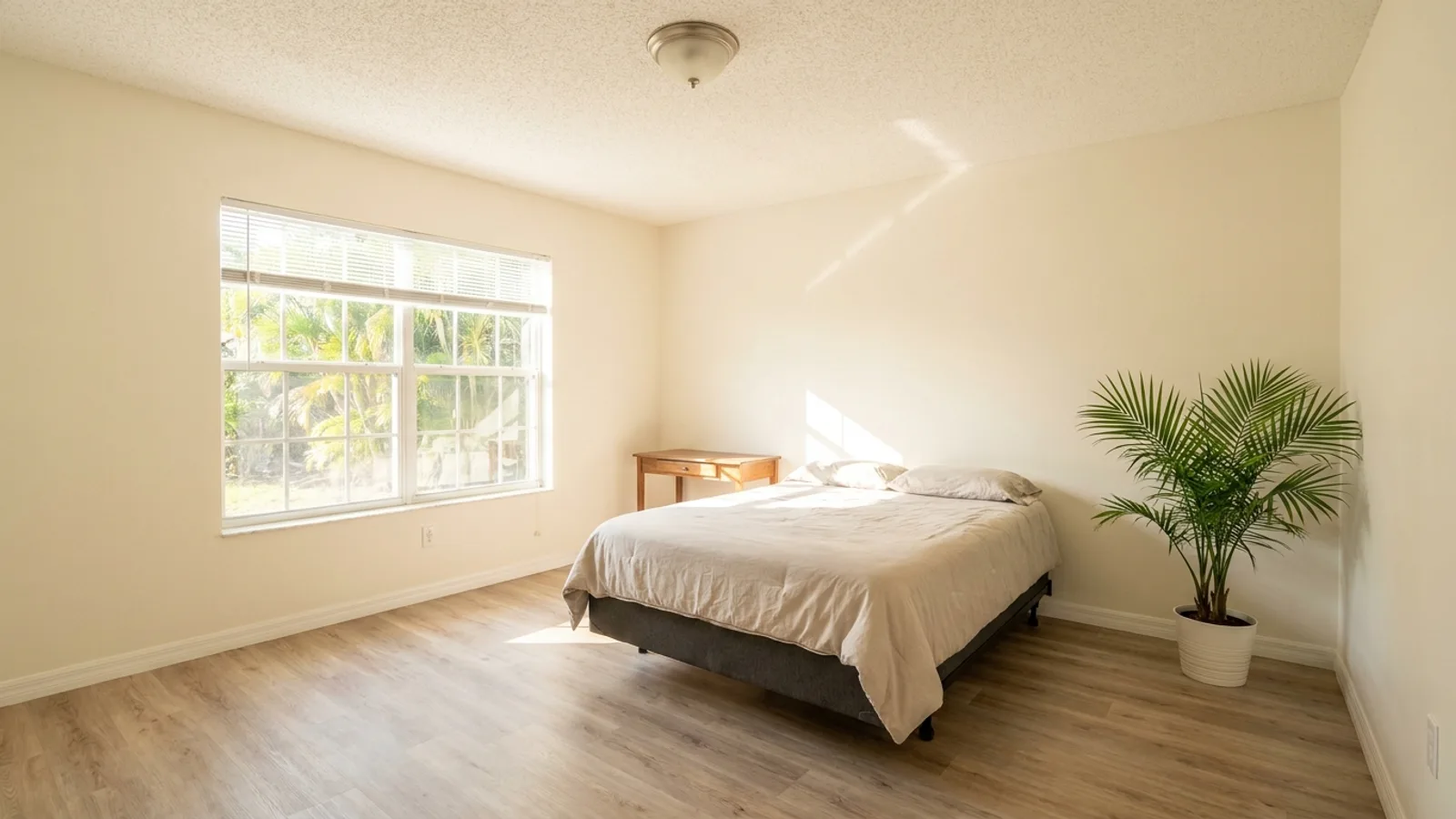 A converted garage bedroom in a Florida home with finished drywall and new flooring