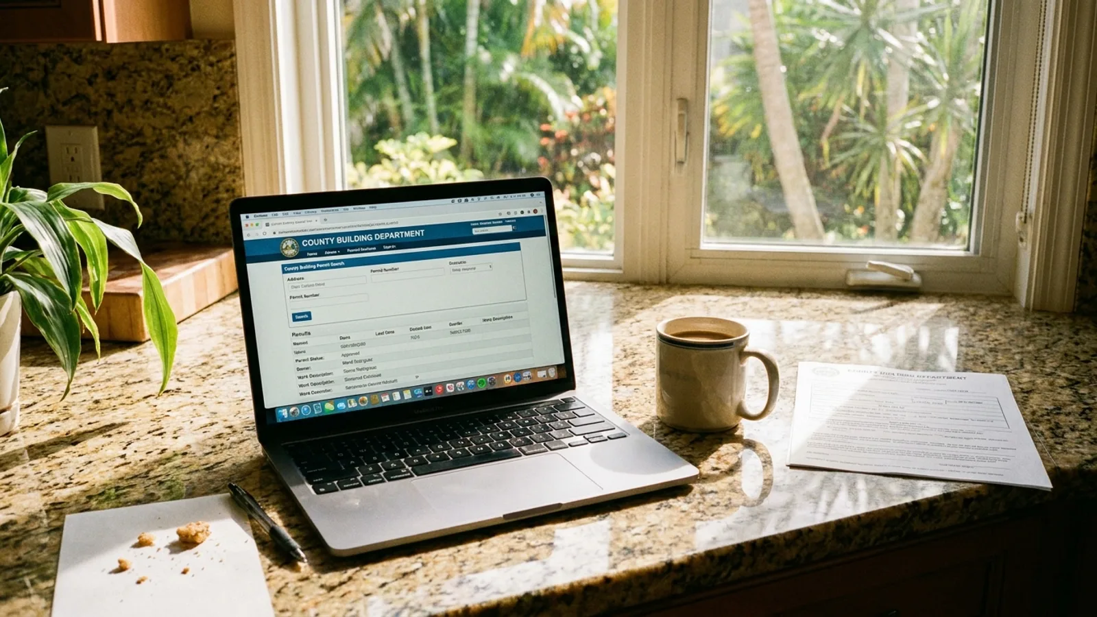A homeowner viewing a county building permit portal on a laptop at a kitchen counter in a Florida home