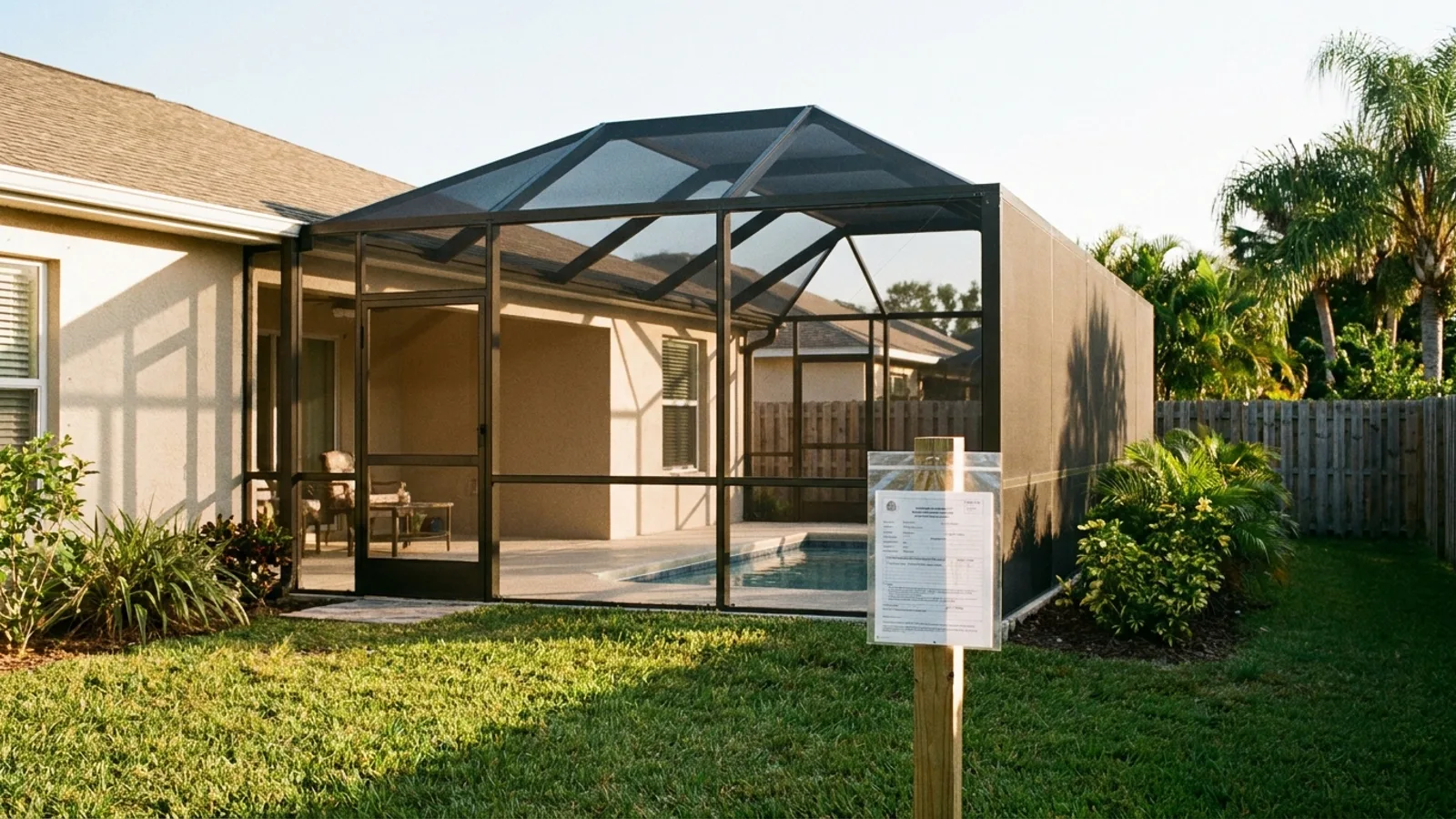 A completed screen enclosure attached to the back of a Florida home with a posted permit sleeve nearby