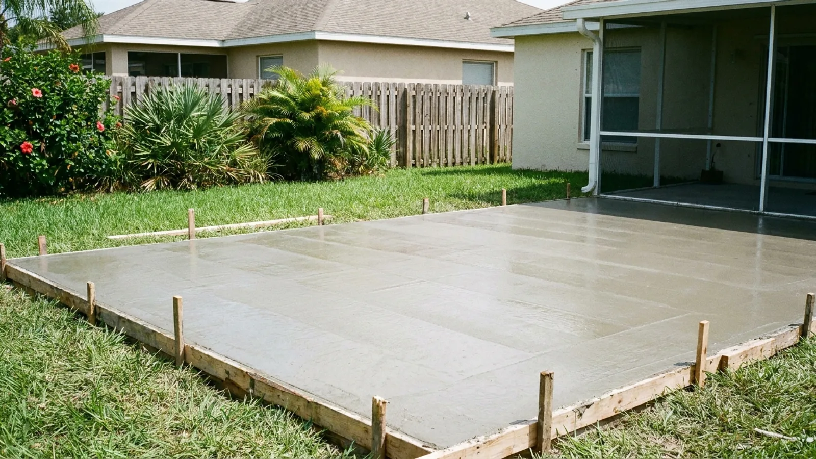 A freshly poured and troweled concrete slab curing in a Florida backyard