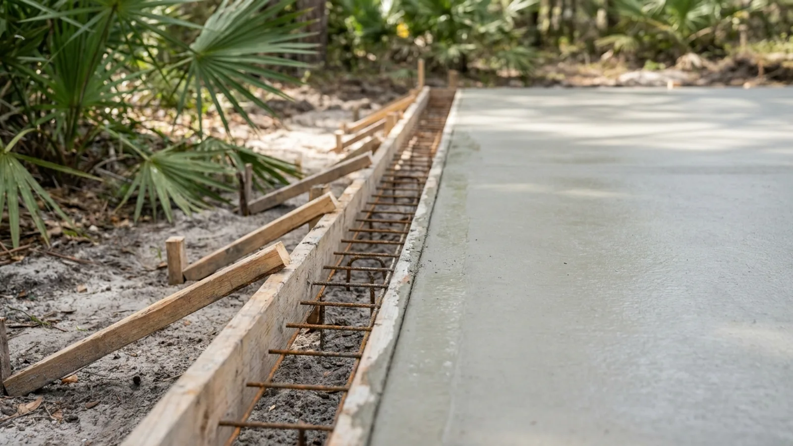 Form boards around a curing concrete slab pad for a Florida backyard structure
