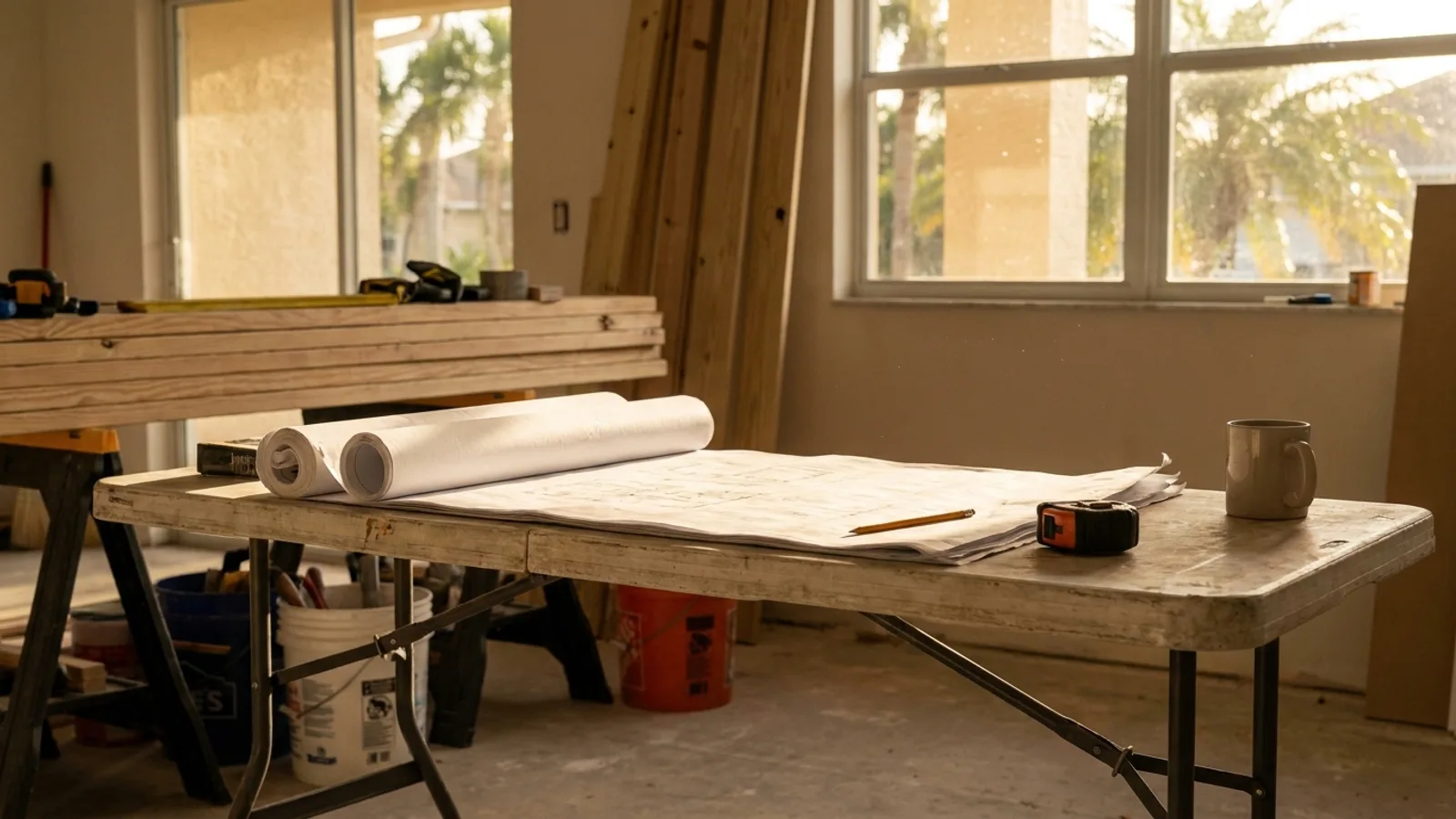 A homeowner and a licensed contractor reviewing project plans on a table at a Florida home renovation