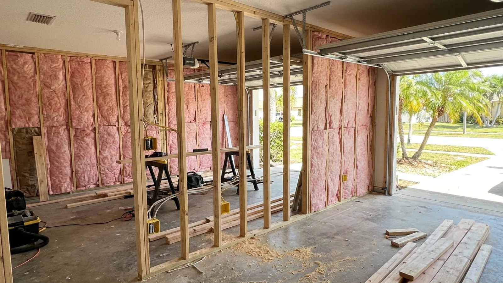 A garage interior mid-conversion in a Florida home with framed stud walls, insulation, and electrical rough-in