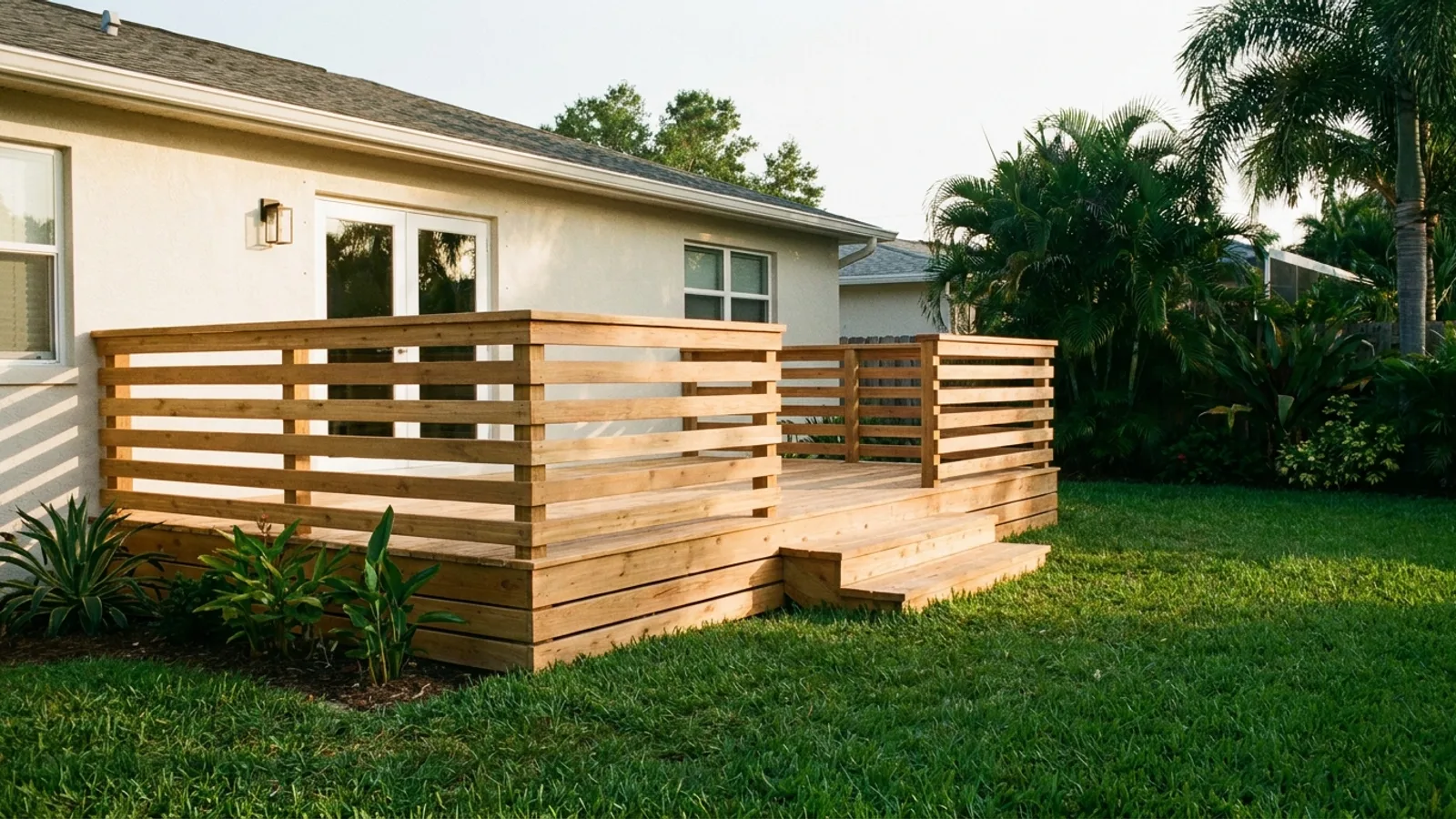 A newly built wood deck attached to the back of a single-family Florida home