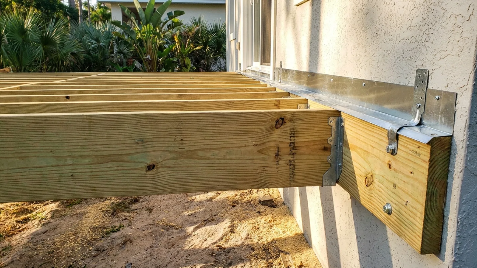 A close view of deck framing showing joists, a ledger board, and metal connectors