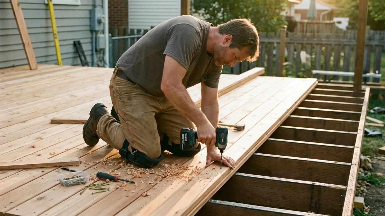 Deck framing showing joists, a ledger board attached to the house, and hardware connectors
