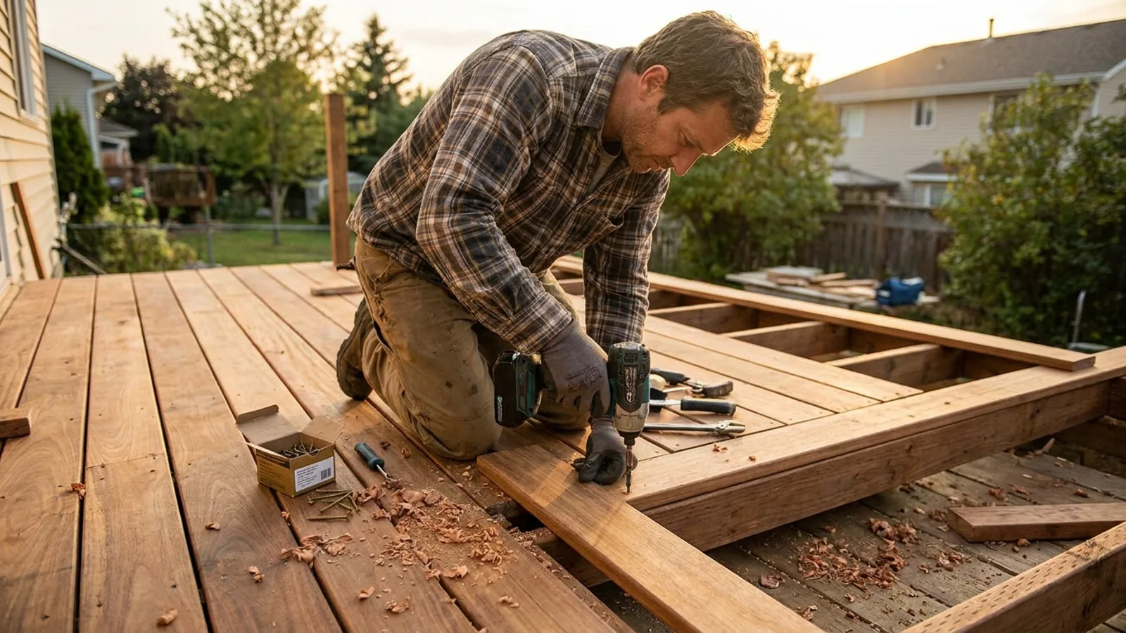 Deck framing showing joists, a ledger board and metal connectors