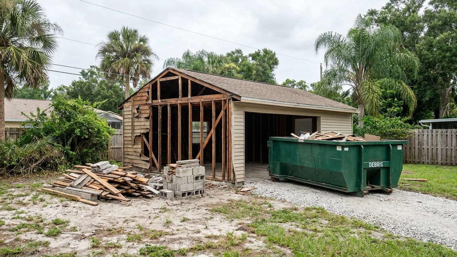 A detached garage being carefully demolished in a Florida backyard