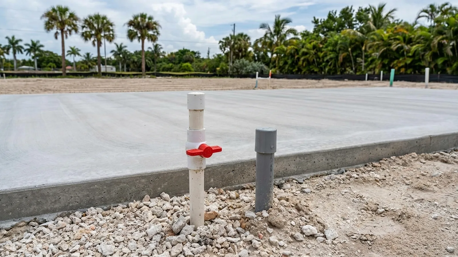 A capped utility line and cleared foundation after a Florida garage demolition