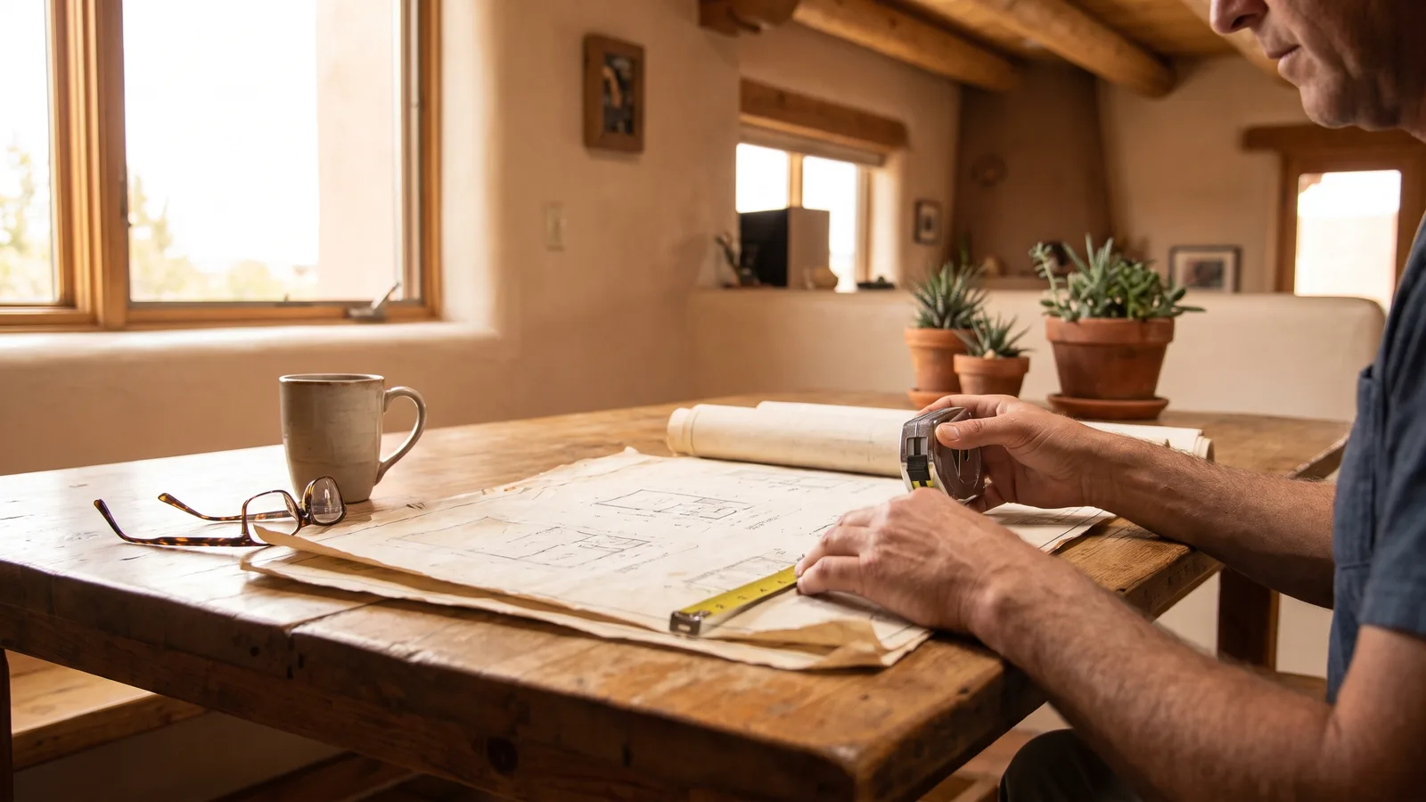 Homeowner reviewing printed home-improvement plans at a kitchen table