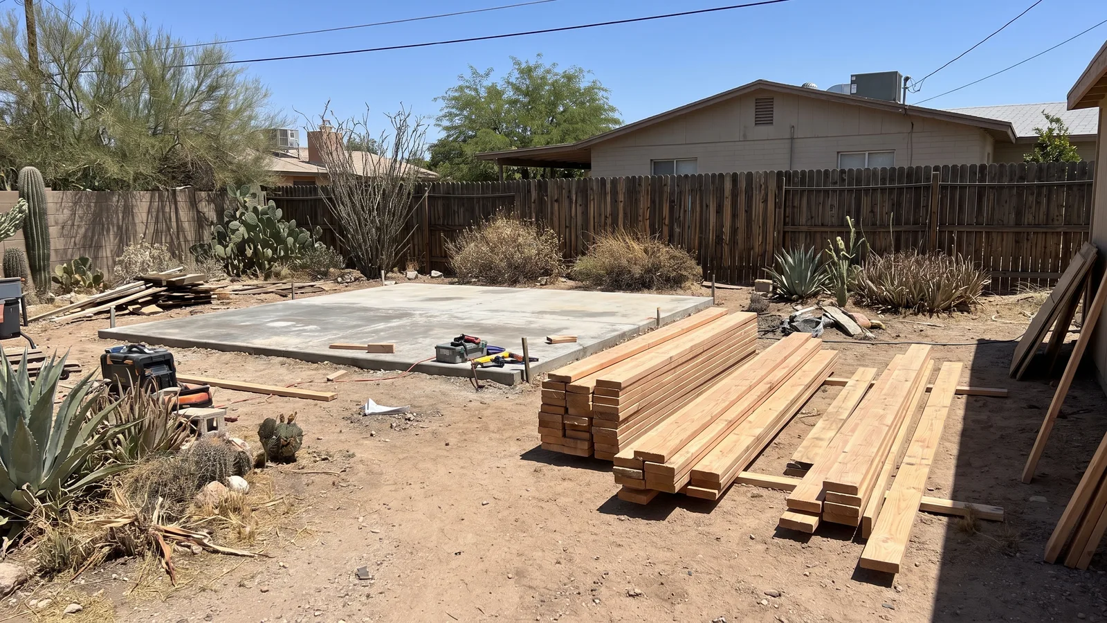 Arizona backyard mid-project with a concrete slab, framing lumber, and desert landscaping