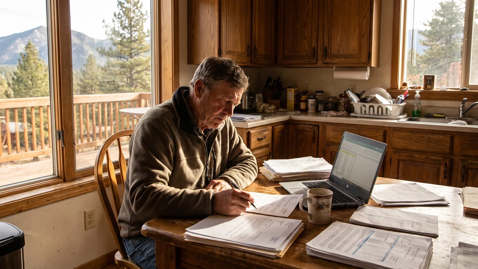 A Colorado homeowner reviewing permit paperwork at a kitchen table with a laptop open
