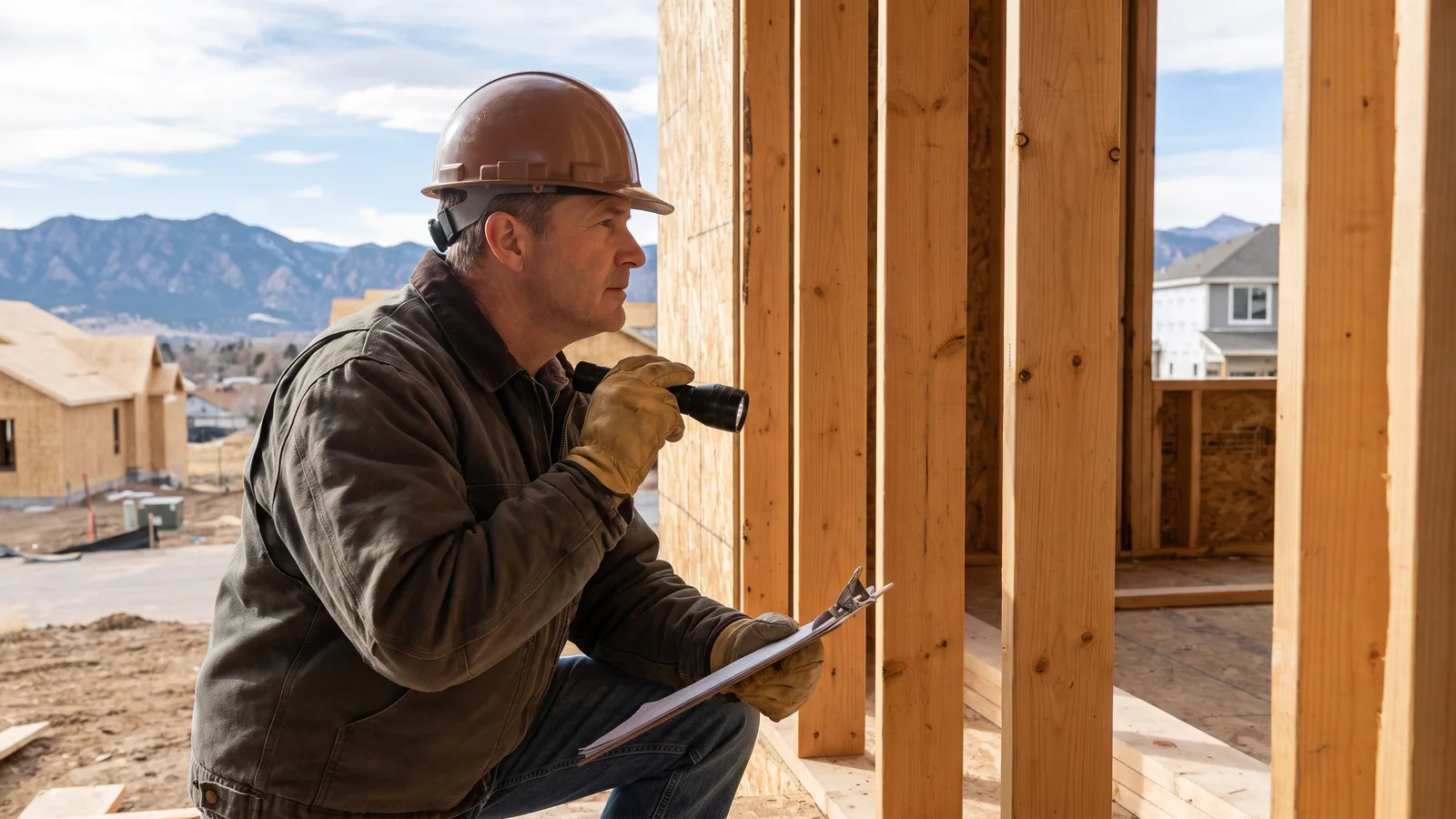 A residential building inspector examining framing on a Front Range home project