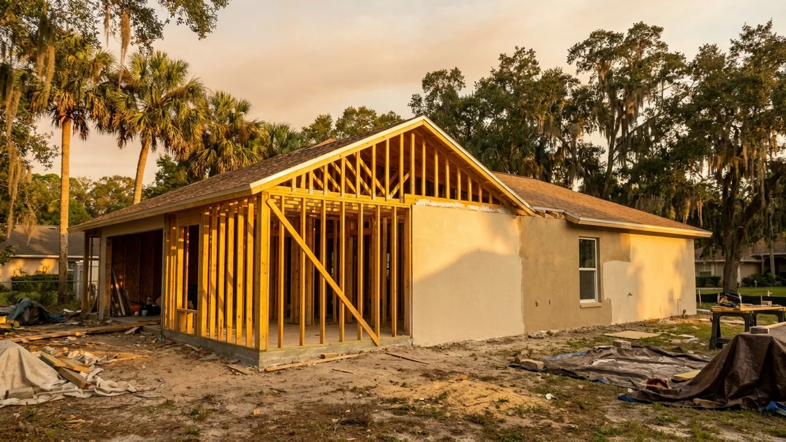 A Florida single-family home under renovation with new framing visible in warm afternoon light