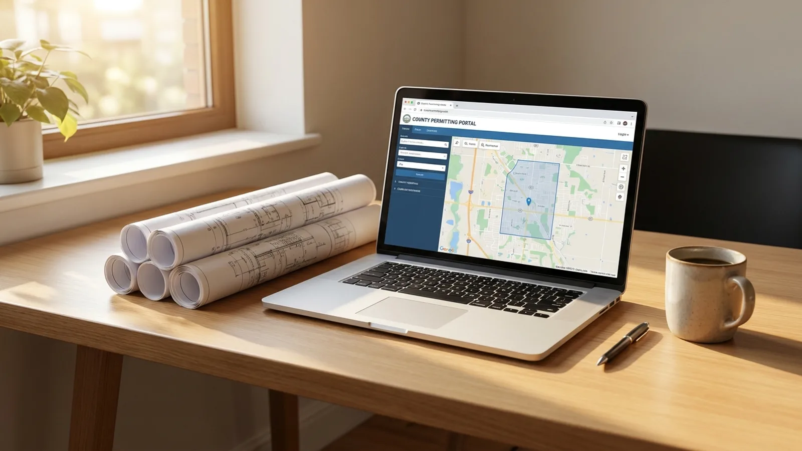 A homeowner's desk with a laptop showing a Florida county permitting portal and printed project plans