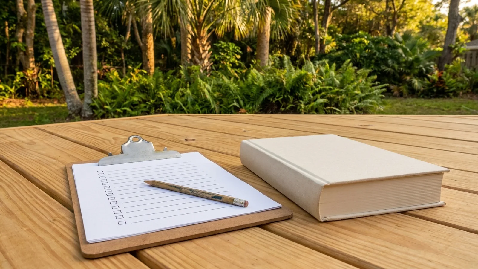 A Florida county building inspector's clipboard and code book resting on a newly permitted deck in warm daylight