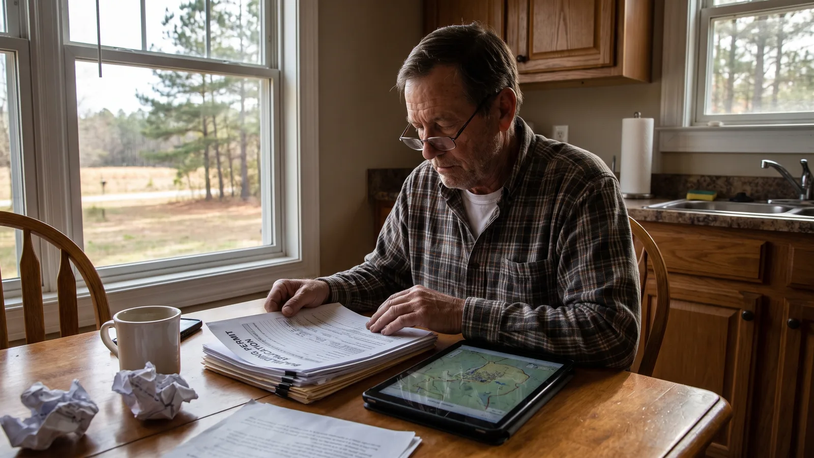 A Georgia homeowner reviewing a permit application at a kitchen table