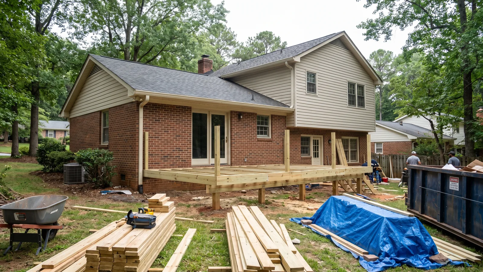 A Metro Atlanta home mid-renovation with a new deck frame in the yard