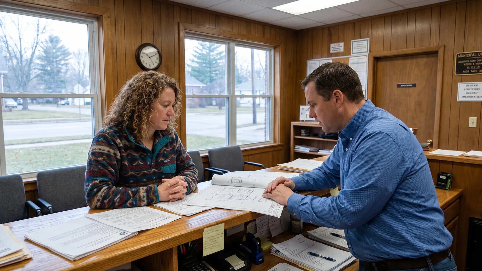 A homeowner and a building-department clerk review permit paperwork across a counter